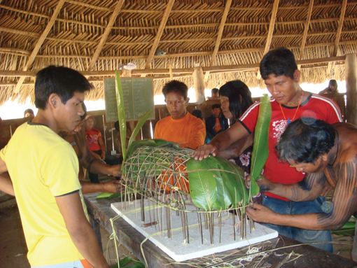  Youths and elders during a workshop on recent Panará history constructing a model of a Panará house (photo:  Dr Elizabeth Ewart)