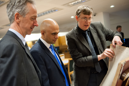 Launch of the Newsroom at The British Library. Secretary of State for Culture, Media and Sport, Sajid Javid, takes a tour of the Newsroom with Chief Executive of the British Library, Roly Keating and Curator, Luke McKernan.